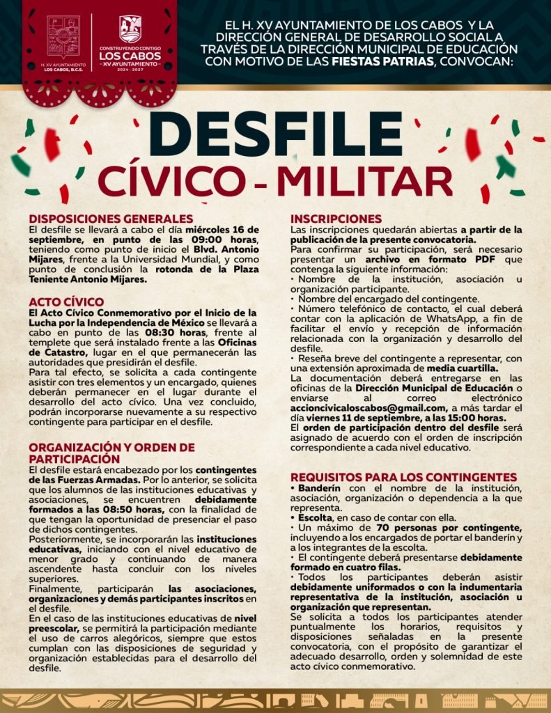 Convocan a participar en el Desfile Cívico-Militar por el inicio de la Independencia de México