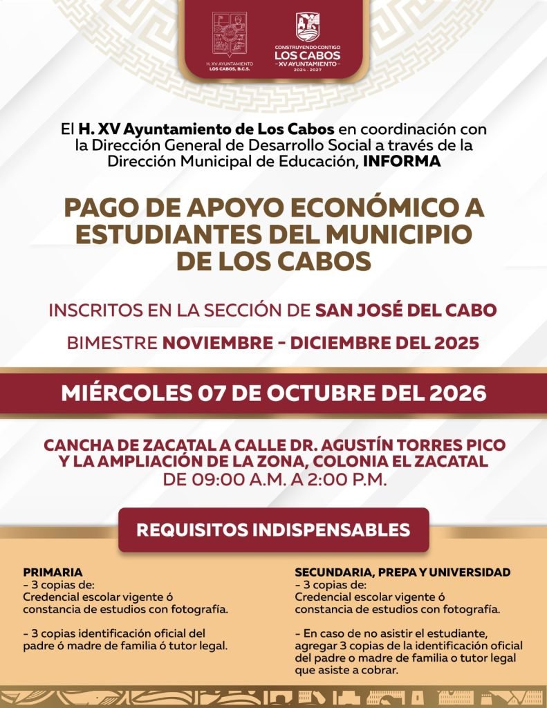 Informa Ayuntamiento de Los Cabos pago de apoyo económico a estudiantes beneficiarios