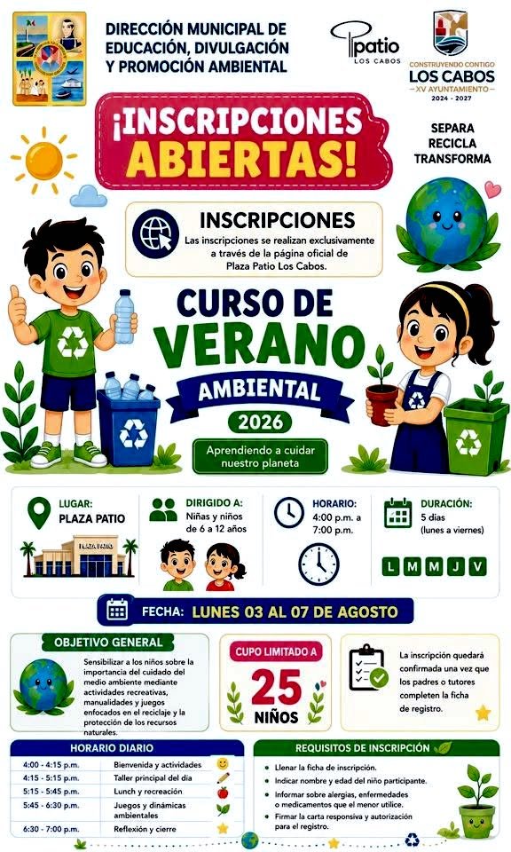 Invitan a niñas y niños al Curso de Verano Ambiental 2026 en Plaza Patio Los Cabos