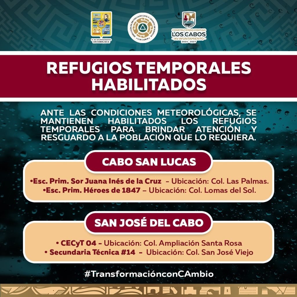 Mantiene XV Ayuntamiento de Los Cabos cuatro refugios temporales habilitados ante pronóstico de lluvias